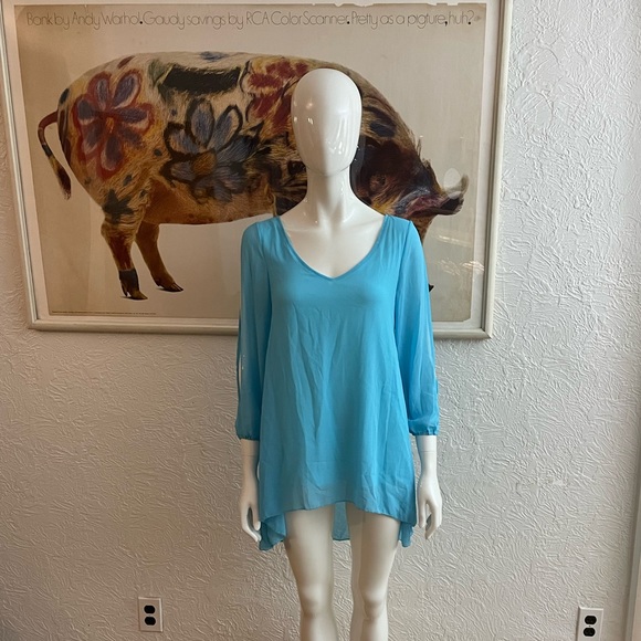 Rare Vogue Fashion Sheer Blue Blouse Shirt Top Size Small - Picture 2 of 6